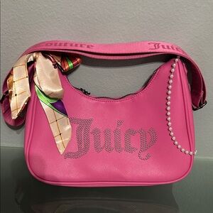 Juicy Couture Vibrant Pink Shoulder Bag with Scarf and Pearls